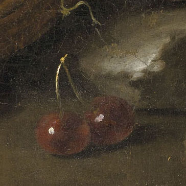 A close-up renaissance style painting of cherries that are styled in this website to look like a button