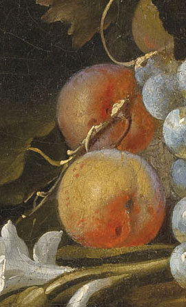 A close-up renaissance style painting of two peaches that are styled in this website to look like a button