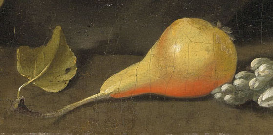 A close-up renaissance style painting of a pear that is styled in this website to look like a button