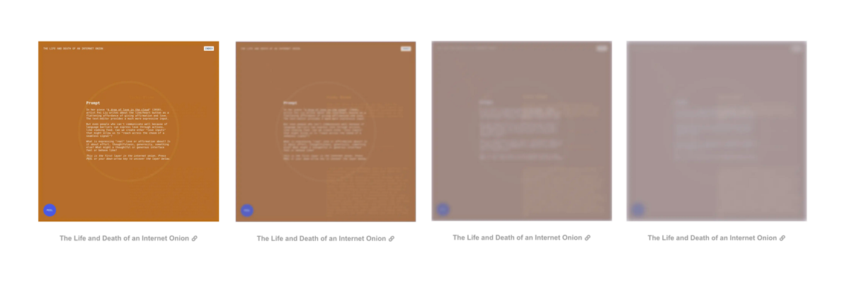 Four screencaptures of the internet onion website project, going from most legible to least. The brown decreases in saturation and the site gets blurrier with each successive screencapture.