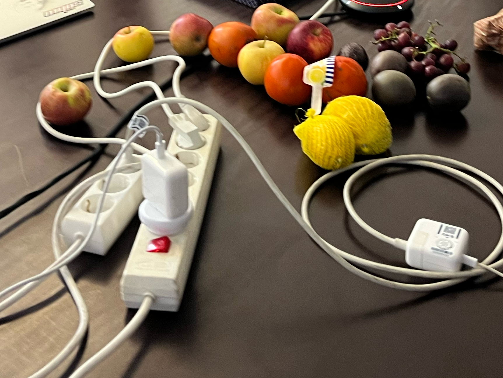 fruits and computer cables