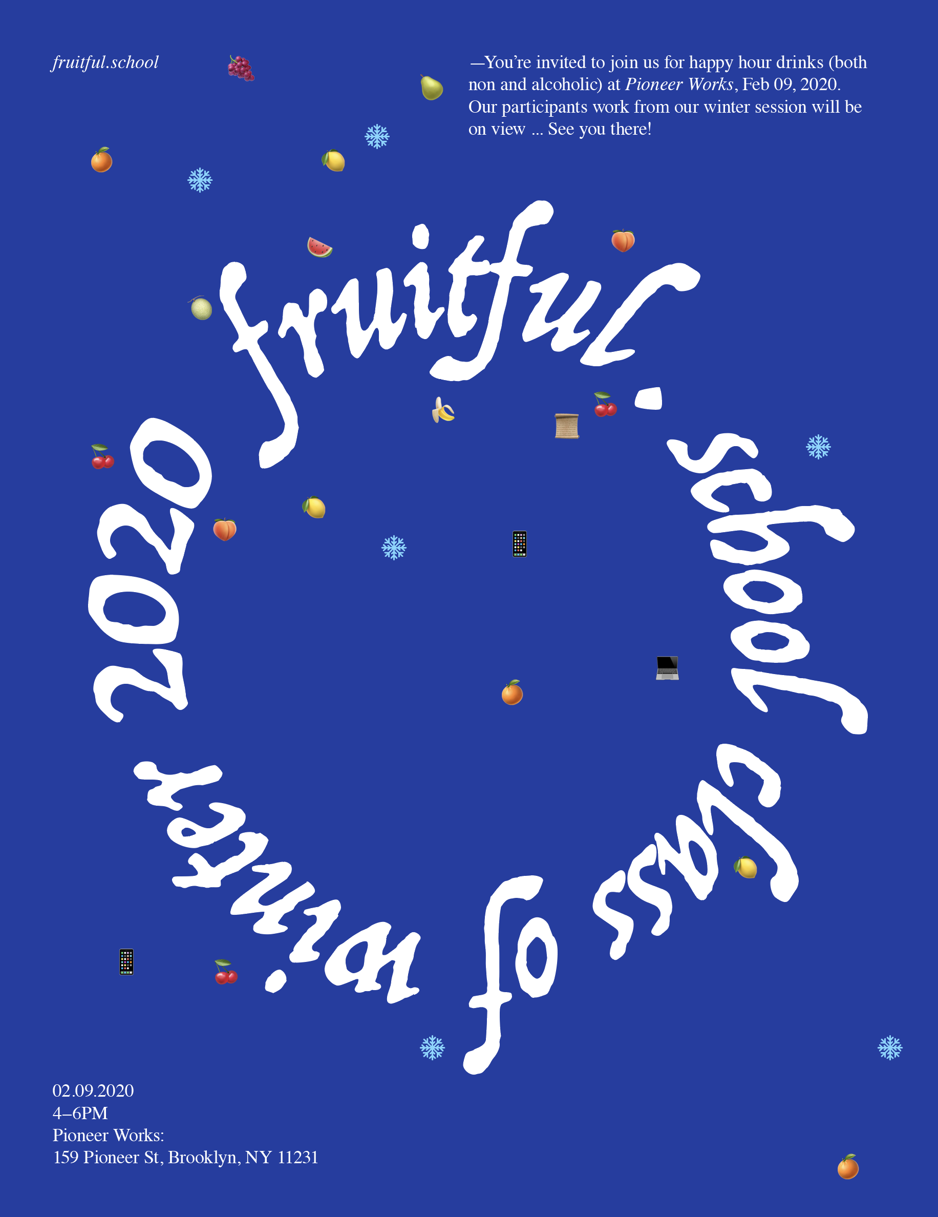 A blue version of the white poster on this page. Maybe easier on the eyes. Small emojis of fruit and computers  snow diagonally from top left to bottom right.