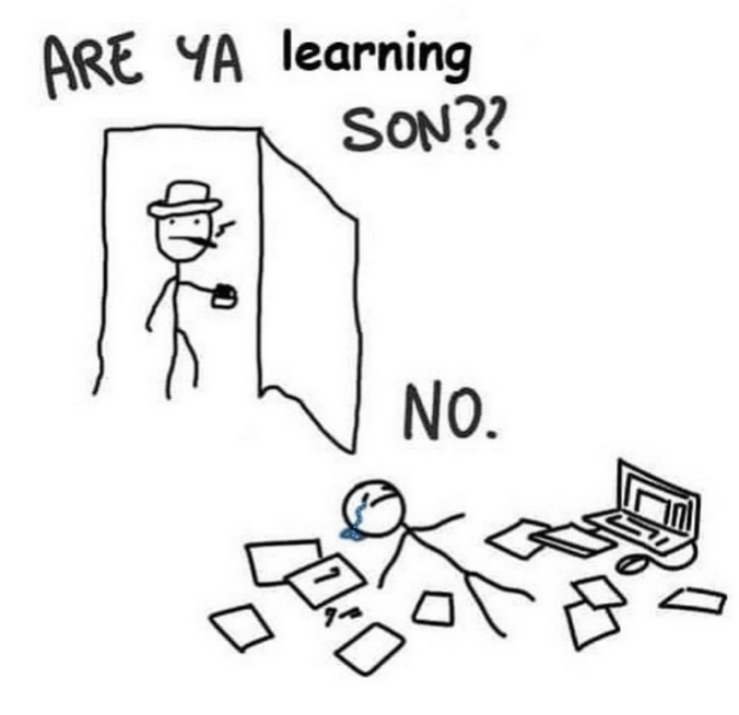 This is a comic or meme in which a father in a hat says, ‘ARE YA learning SON??’ and his son who is laying on the ground surrounded by papers, pens, and his computer while crying says ‘NO.’
