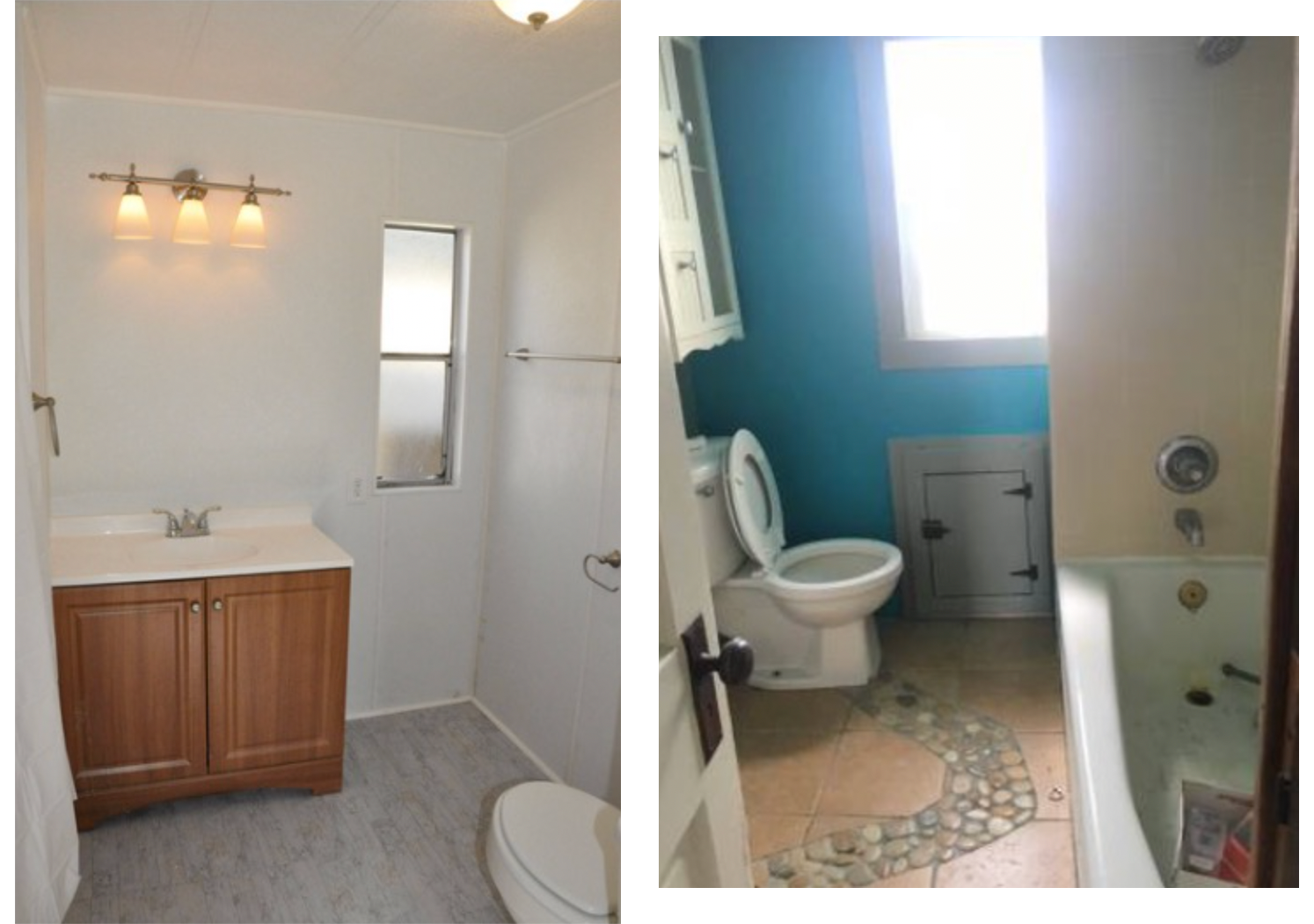 Two images of apartment listings Raegan Bird collected as part of their project First, Last, Security, one which shows a toilet with river rocks on the floor leading up to it