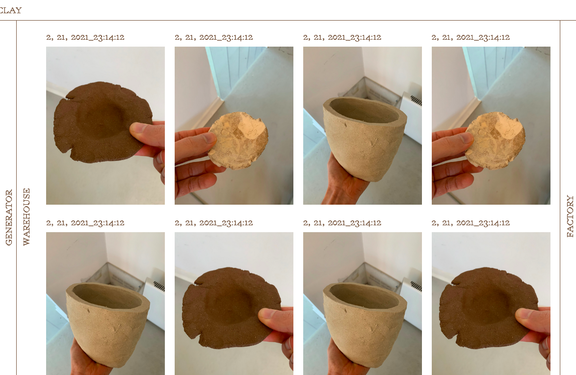Screenshot of claycorporation.net on the 'Warehouse' tab, which shows various small clay sculptures and pottery in a grid with technical-looking textual metadata above each