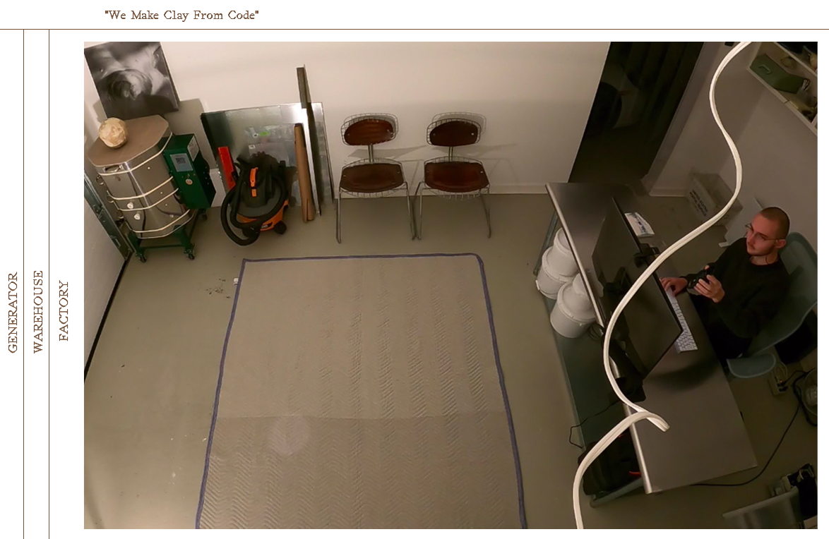 Screenshot of the 'Factory' tab of claycorporation.net, which shows a livestream from above of RL working at their desk. A spiraling white cord in the foreground, almost obscuring RL.
