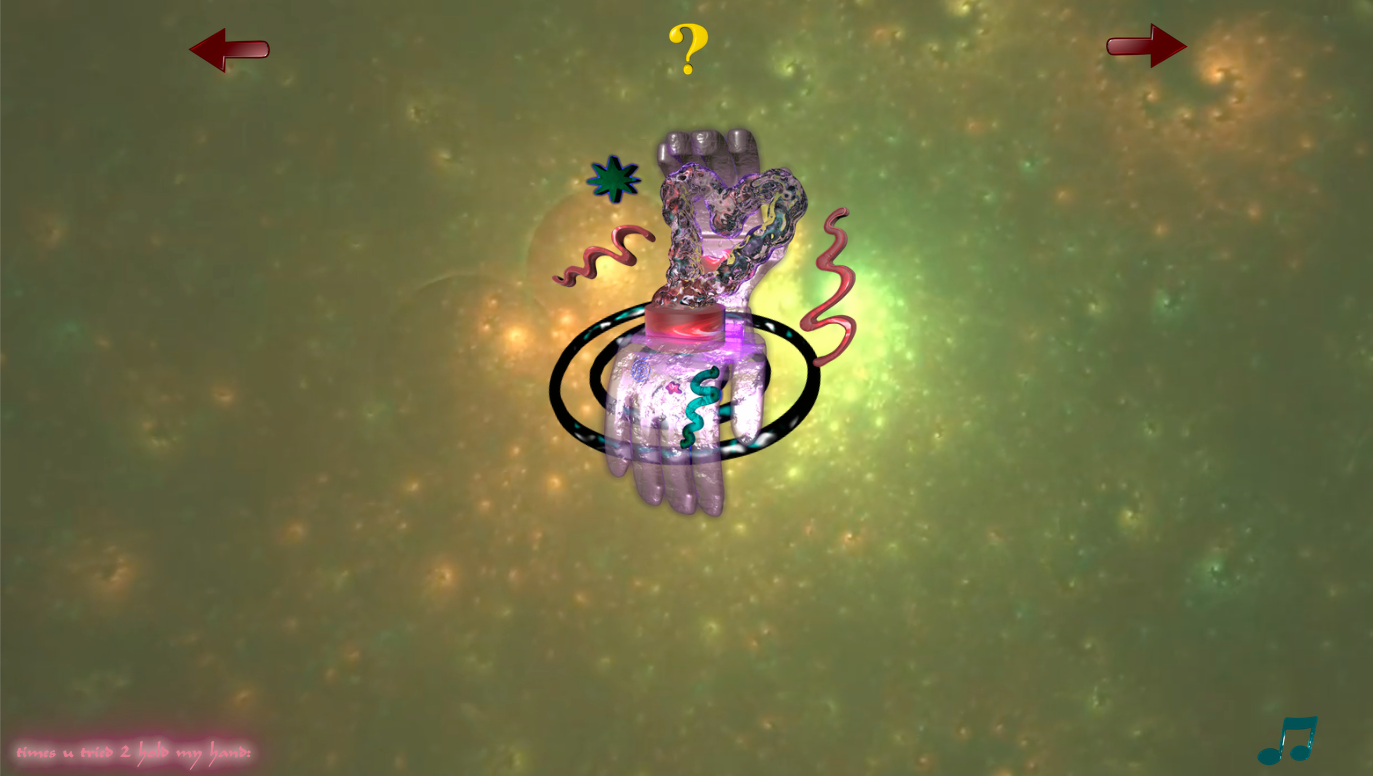Screenshot of ickygoohea.rt with a 3d hand in the center, left and right and question mark icons at top