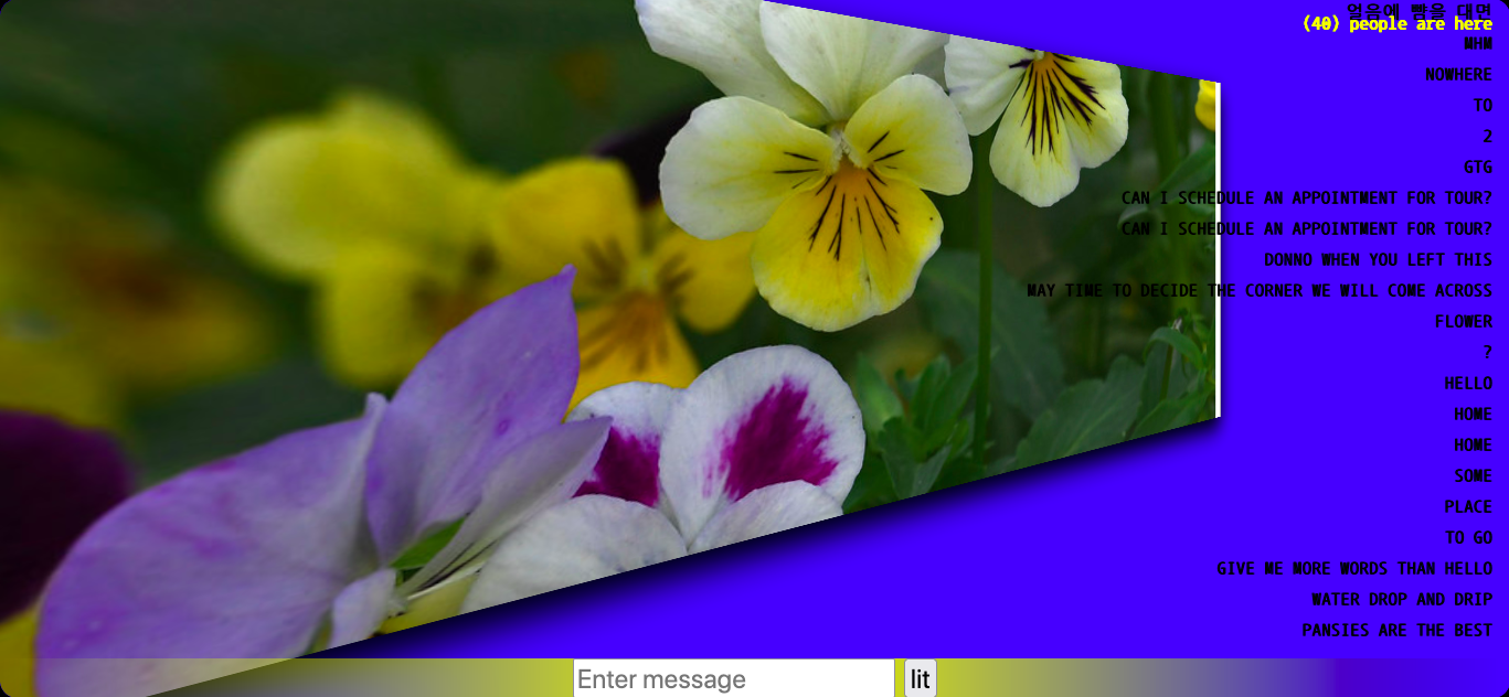 A screenshot of a chat-based website that has an angled image of the pansy flower in the background, messages on the right hand side, and a blueish purple background
