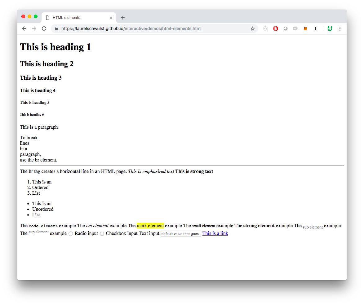 A screenshot of a website showing common HTML elements