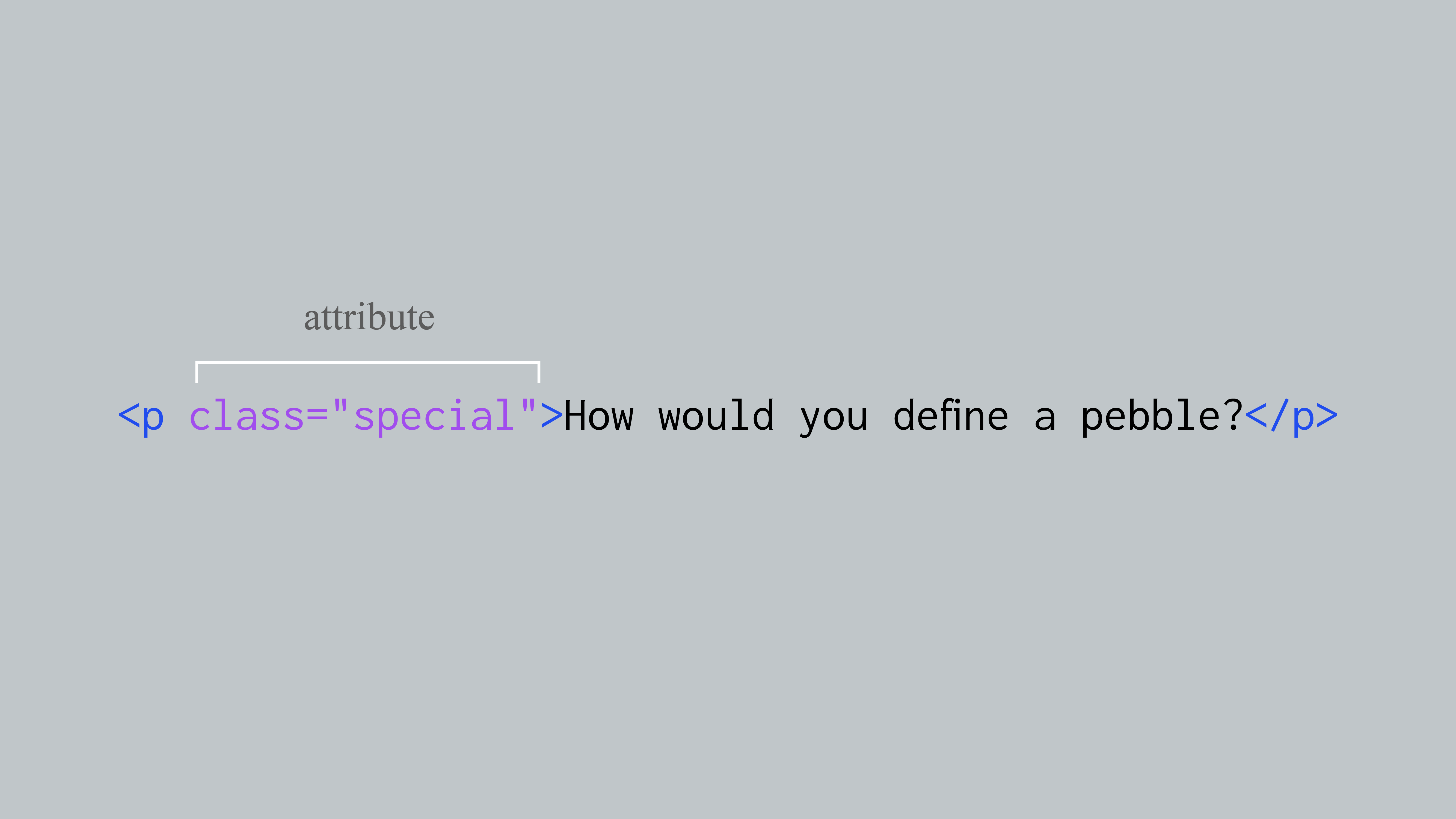 A slide from Laurel's HTML Basics video tutorial that shows an attribute on a paragraph element.
        