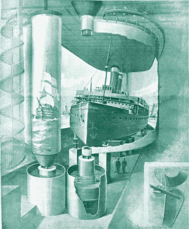 Illustration of the Mareorama at the 1900 Paris Exposition, dithered with a green tint