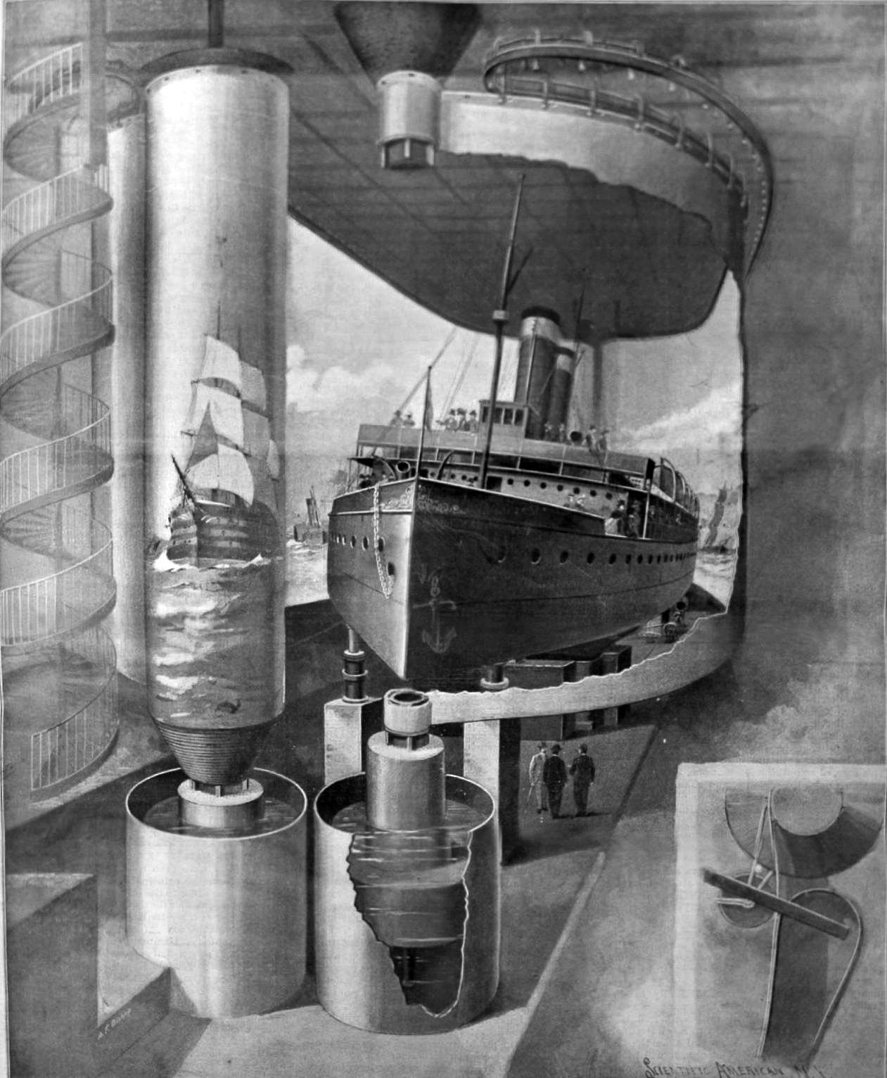 Illustration of the Mareorama at the 1900 Paris Exposition, showing a steamboat