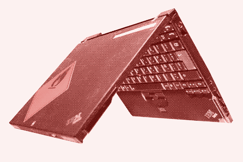 an open 2006 ThinkPad laptop upside down, dithered with a red tint