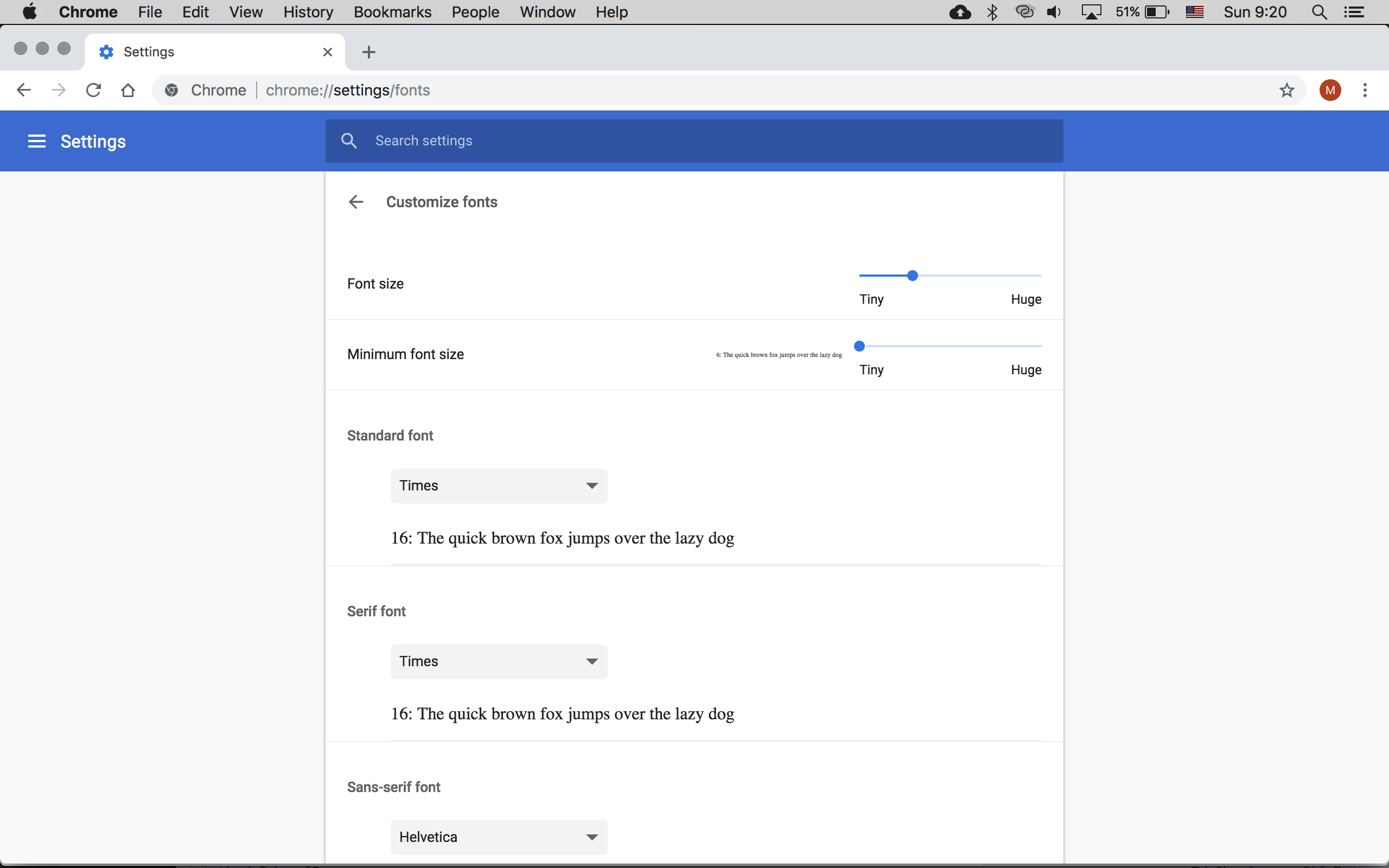 a screenshot of the fonts settings in chrome browser, showing sliders for font size, minimum font size, along with dropdown menus to select standard font, serif font, and san-serif font