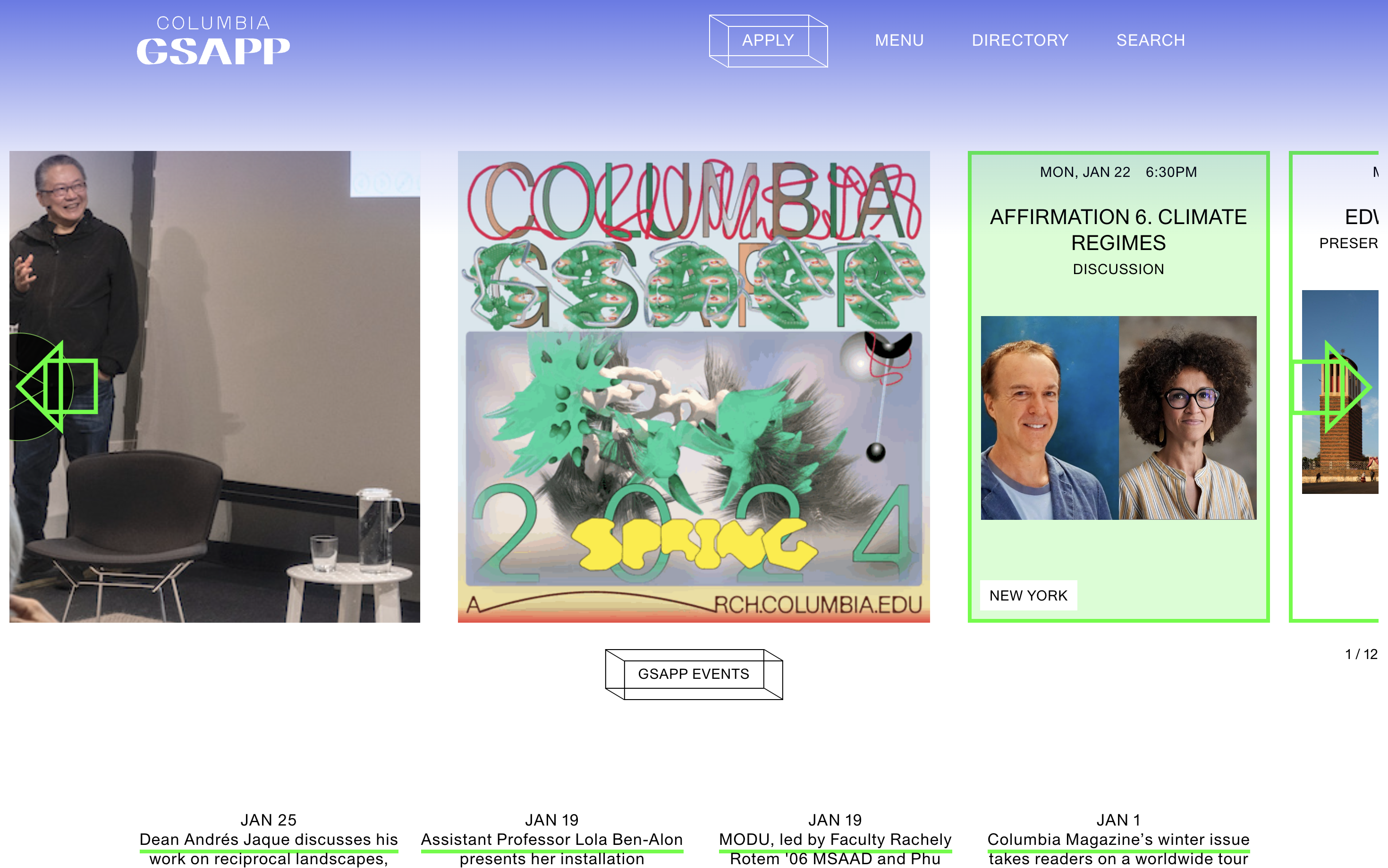 screenshot of the Columbia GSAPP webiste, showing a blue gradient behind a carousel of boxes containing images and text and neon green arrows.
