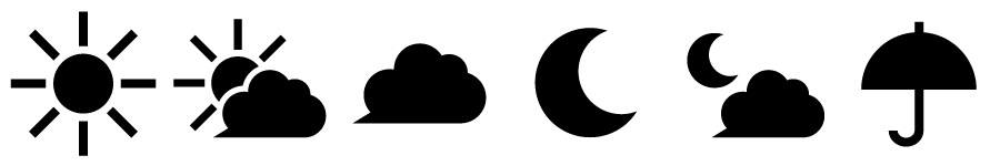 a row of simple black-and-white icons showing a sun, sun and cloud, cloud, moon, moon and cloud, and umbrella
