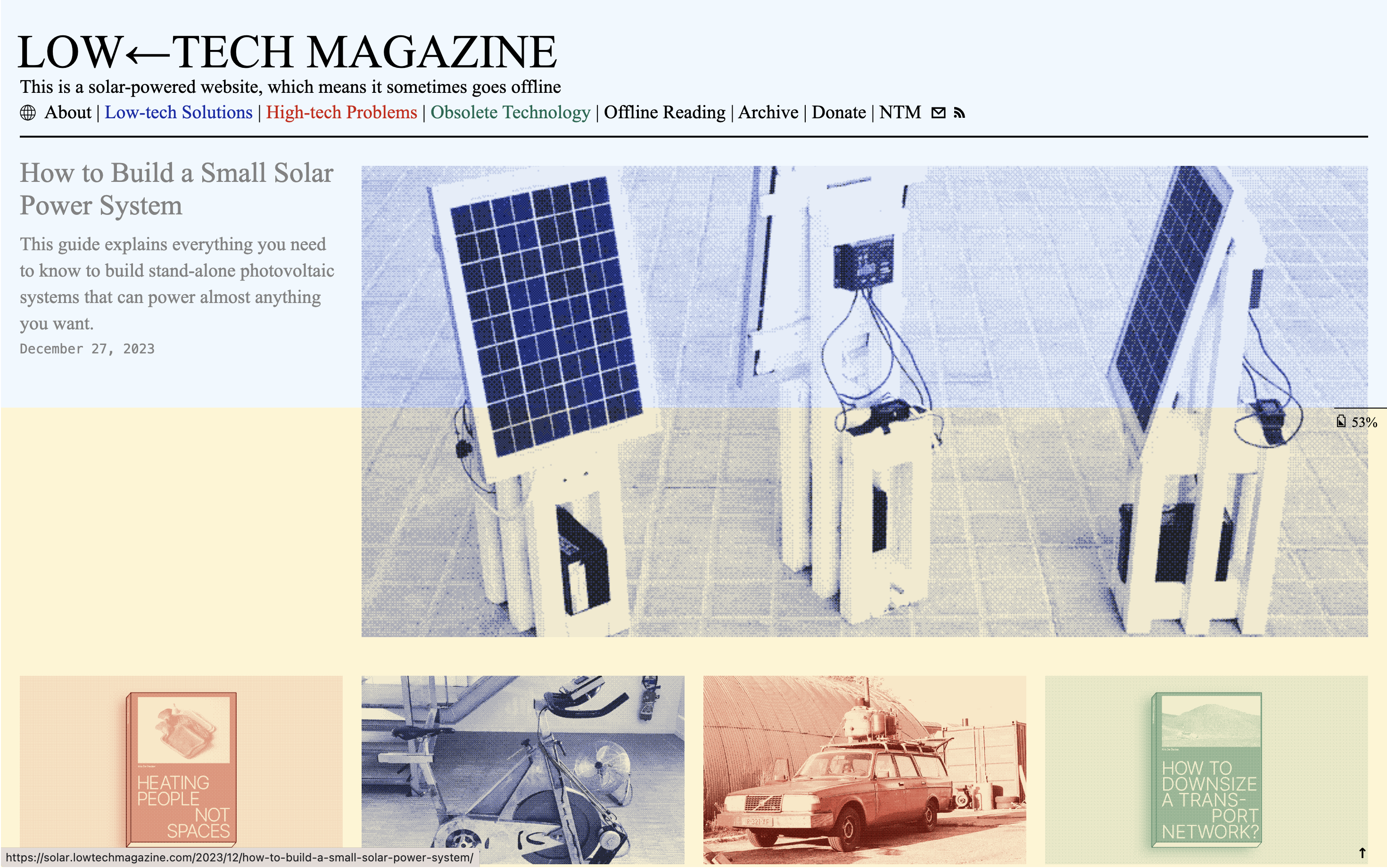a screenshot of the solar low-tech magazine website homepage, showing a grid of articles with ditthered image thumbnails. the backround is a pale blue in the top half, and pale yellow in the bottom half