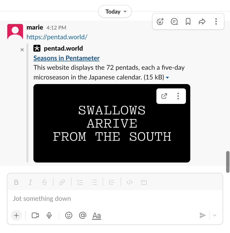 a screenshot of a website preview on the slack messaging platform, showing the url, title, and image with white all-caps text SWALLOWS ARRIVE FROM THE SOUTH against a black background.