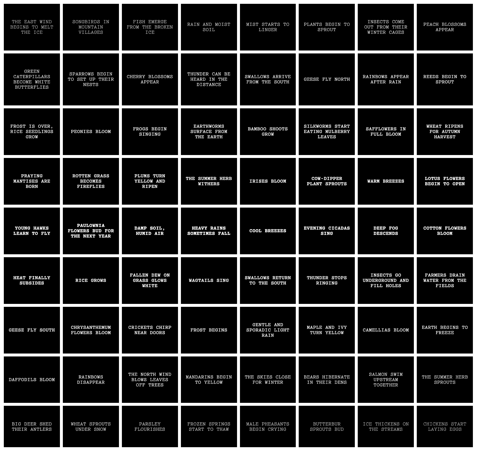 a grid of 72 rectangles with text on a black background