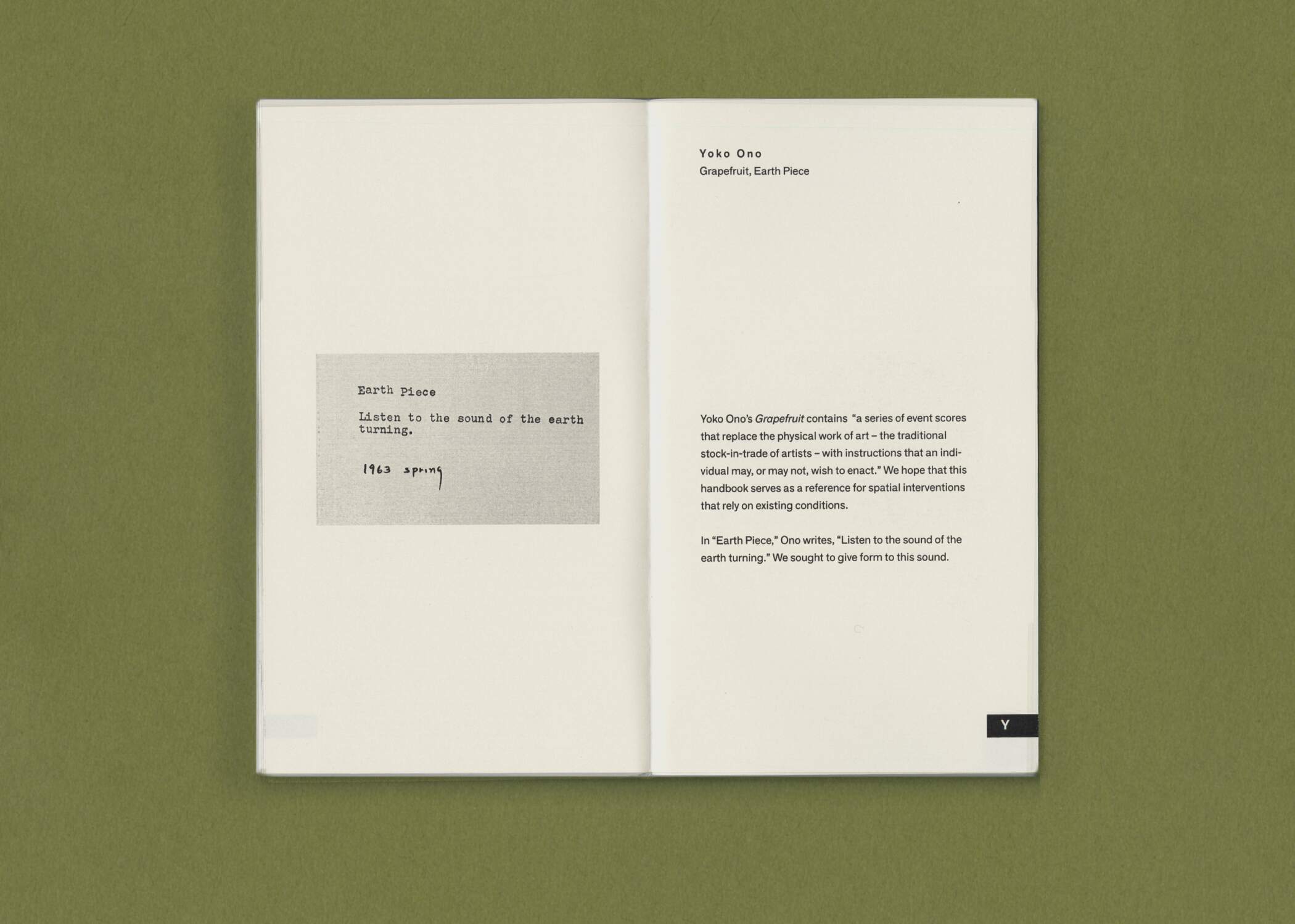 a spread from the handbook, showing the page for the letter Y. There is a black and white image of a card on the left, and a small paragraph of text on the right.