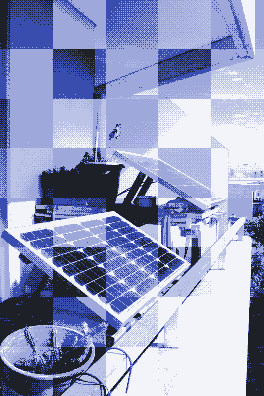 a dithered image of solar panels setup on an narrow apartment balcony