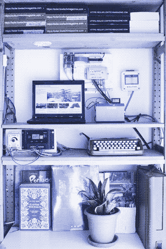 a dithered image of a laptop, microcomputer server, and battery on wooden shelves along with a plant, typewriter, and stacks of books