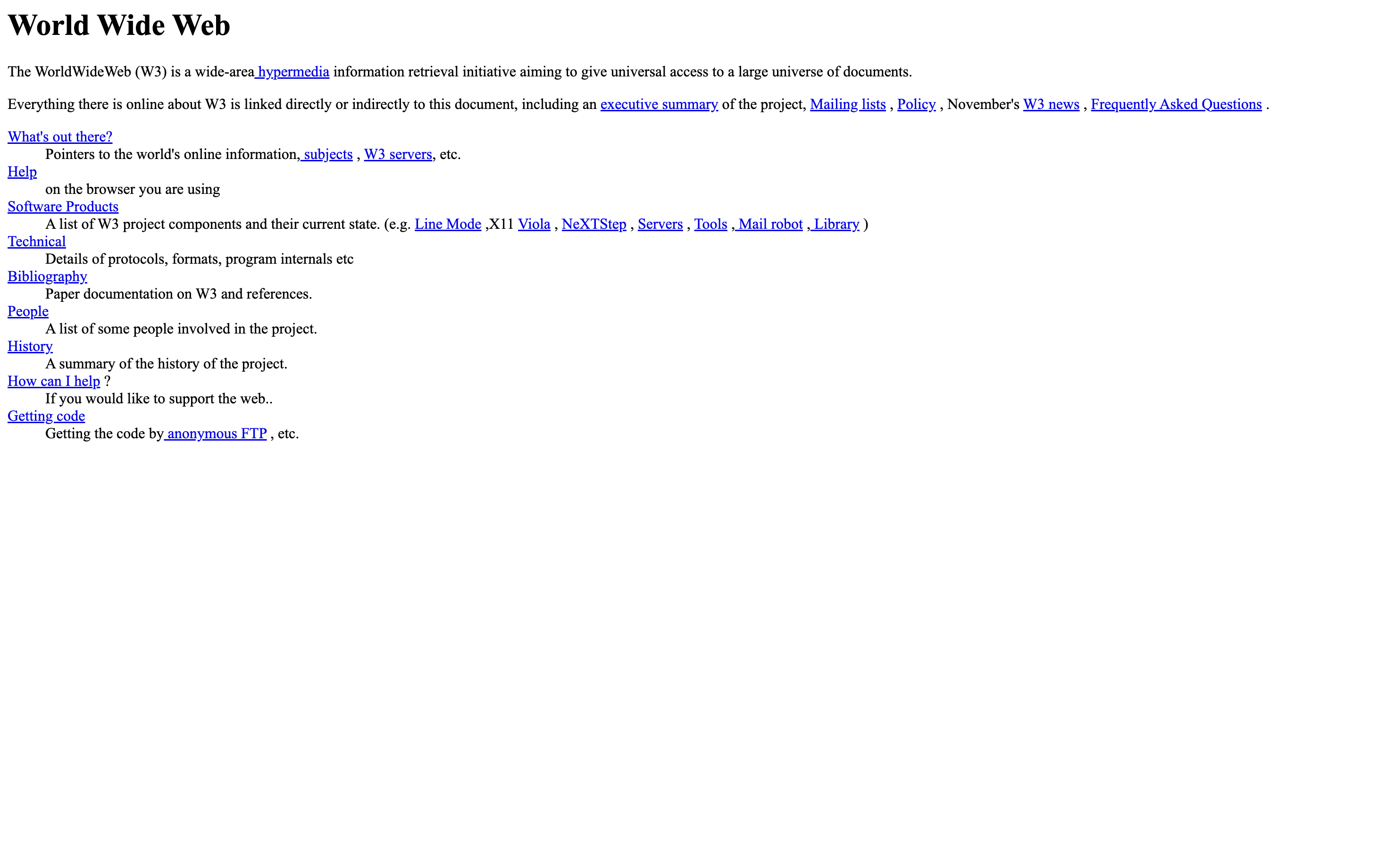 a screenshot of the homepage of the first website on the WorldWideWeb, showing several lines of text in black and blue underlined links